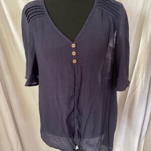 Perseption Navy V-Neck Button Front Blouse